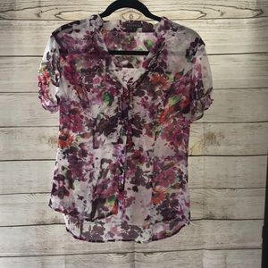 Express Watercolor Floral Button Down Blouse